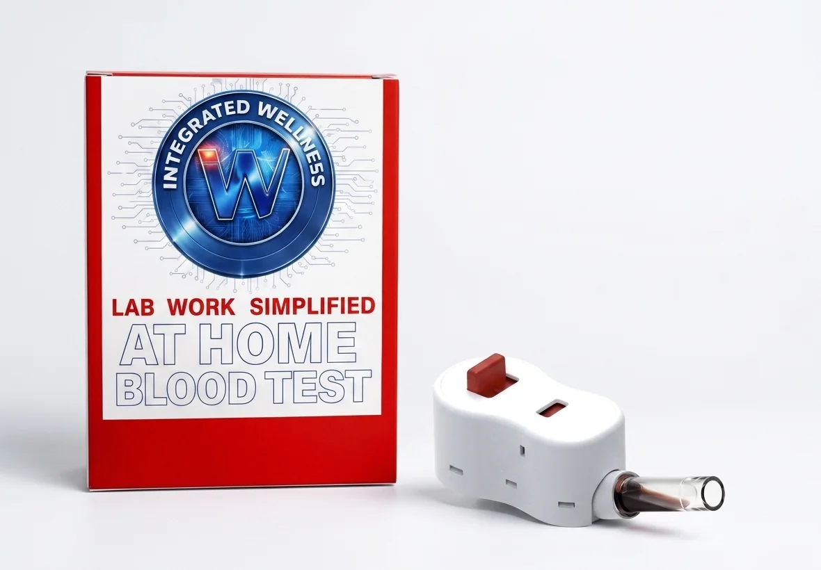 Integrated Wellness kit box with the full logo beside the RedDrop One collection device